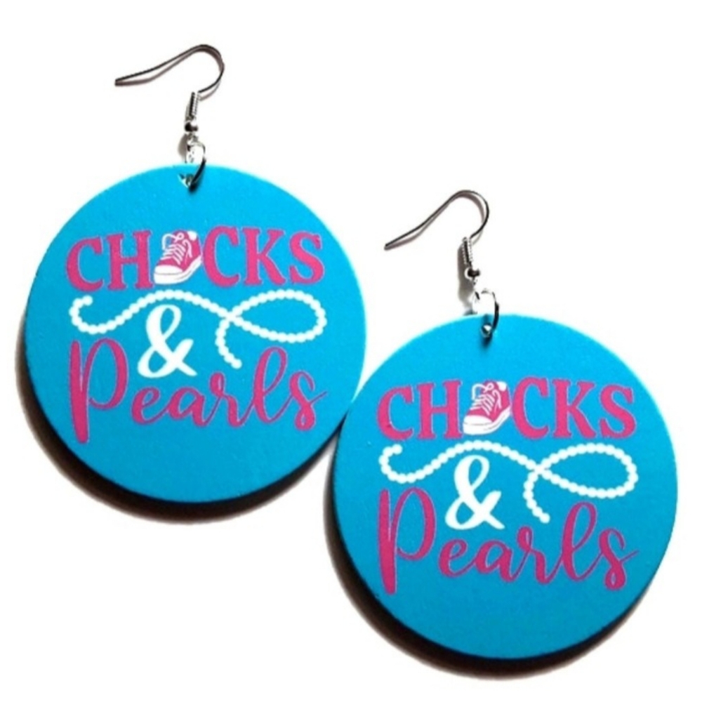 CHUCKS and PEARLS Baby Shower Gender Reveal Statement Wood Dangle Drop Earrings
